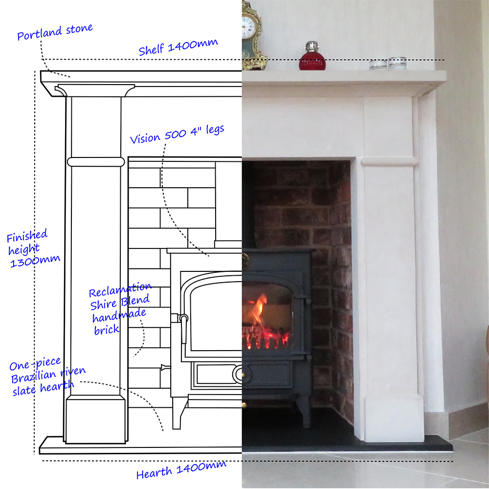Stone fireplace cross-section